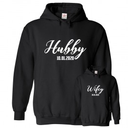 Personalised Front Custom Text Couple Pair Hoodie Hubby Wifey Custom Date Anniversary Christmas Gift Hoodie (2 Hoodies)