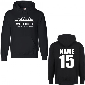 Personalised Ski Hoodie with Custom text on front and back Mountain silhouette design